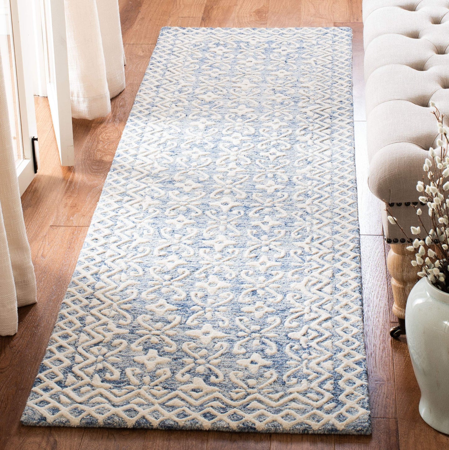 SAFAVIEH Blossom Collection Runner Rug - 2'3" x 12', Blue & Ivory, Handmade Wool, Ideal for High Traffic Areas in Living Room, Bedroom (BLM114M)