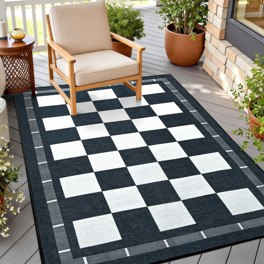 Vasofe Plaid 3x5 Outdoor Patio Rug,Checkered Jute Entryway Rugs, Washable Black and White Indoor Bedroom, Farmhouse Neutral Front Door Mat,Modern Carpet for Porch Patio Balcony Kitchen