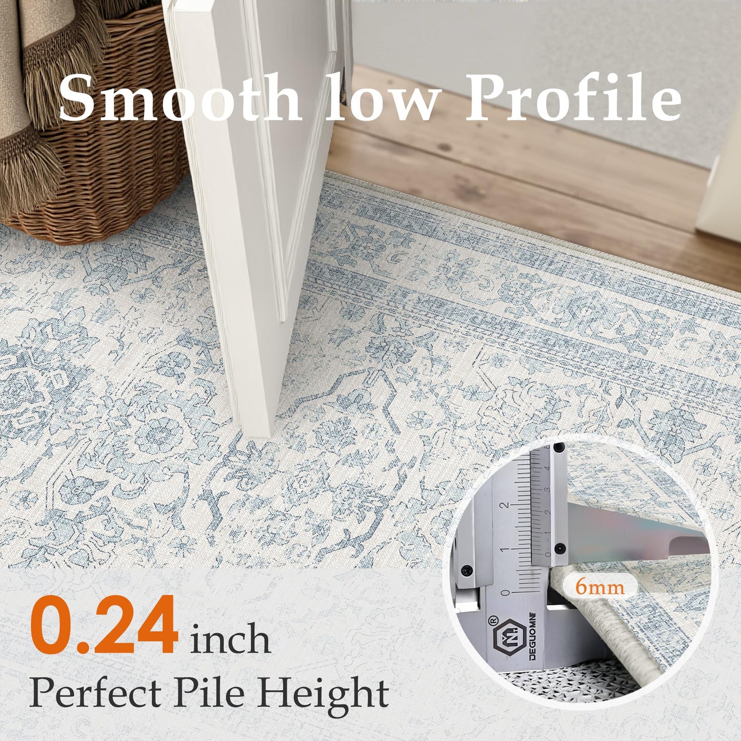 HUGEAR 2x6 Runner Rug Hallway Retro Light Blue Machine Washable Vintage Floral Low Pile Carpet Vacuumable Distressed Long Throw Rug Kitchen Bedroom Laundry Office Bathroom Non Slip Soft Lightweight