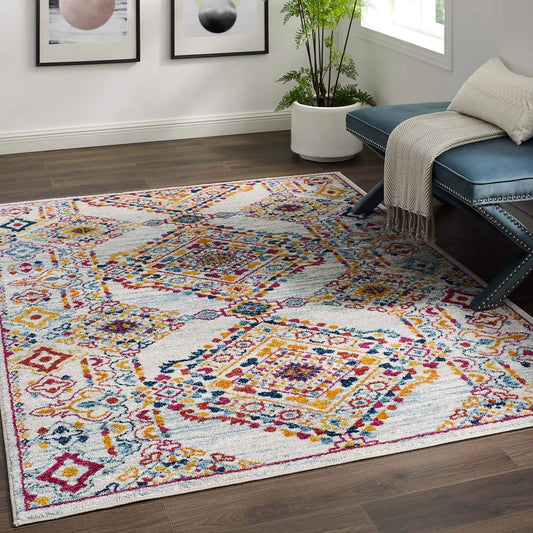 Modway R-1169A-58 Entourage Khalida Distressed Vintage Floral Lattice 5x8 Area Rug Ivory, Blue, Orange, Yellow, Red