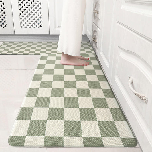 VivaNest Beige Sage Checkered Grid Checkerboard Kitchen Rug Sets [2 PCs], Anti-Fatigue, Waterproof Non-Slip Kitchen Mats Heavy Duty Comfort Foam Rug for Kitchen, Floor, Laundry,17"x29"+17"x47"