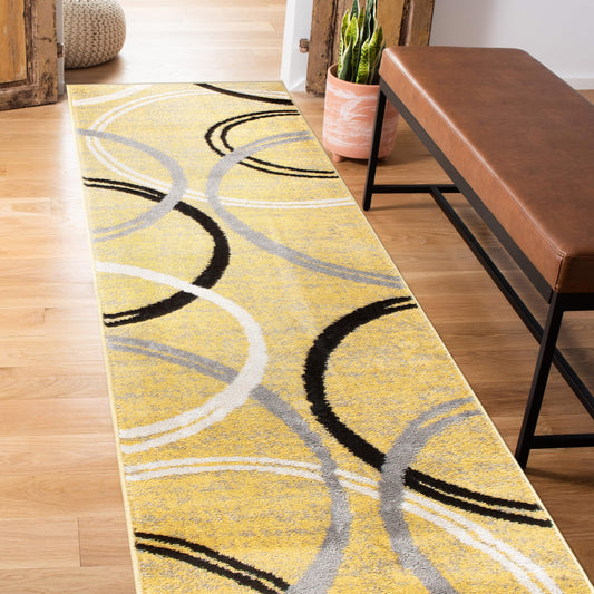 Rugshop Wavy Circles Design Runner Rug, Fade-Resistant Carpet for Hallway, Entryway, or Kitchen, Yellow, 2' x 7'2"