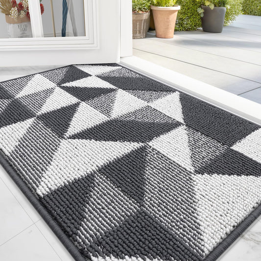 OLANLY Door Mat Indoor Entrance Washable 32x20, Odor-Free Low-Profile Front Back Geometric Doormat, Absorbent Resist Dirt Entry Carpet, Easy to Clean Sturdy Inside Floor Mats for Entryway, Dark Grey