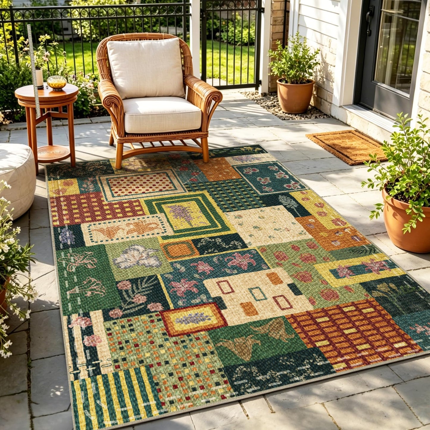 Quntue Washable Easy Jute Layering Rug for Front Porch 4x6 Farmhouse Patchwork Outdoor Patio Rug Non Slip Boho Floral Indoor Outdoor Carpet for Living Room, Bedroom, Balcony, Dining, Office