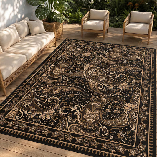 Arenarug Paisley Outdoor Rug Waterproof 5x8, UV Resistant Non Slip Patio Rug, Indoor Outdoor Boho Camping Rug Linen-Look RV Carpet for Deck Balcony Backyard, Taupe