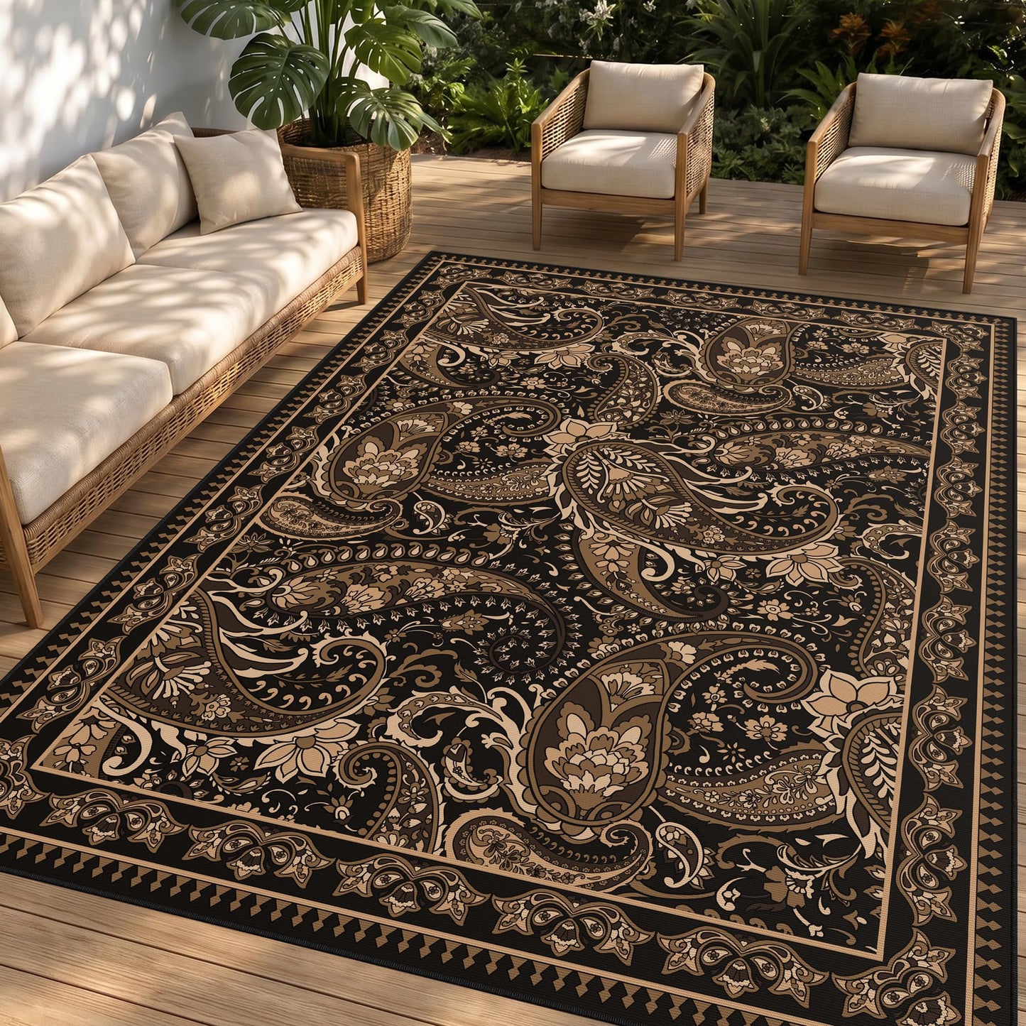 Arenarug Paisley Outdoor Rug Waterproof 8x10, UV Resistant Non Slip Patio Rug, Indoor Outdoor Boho Camping Rug Linen-Look RV Carpet for Deck Balcony Backyard, Taupe