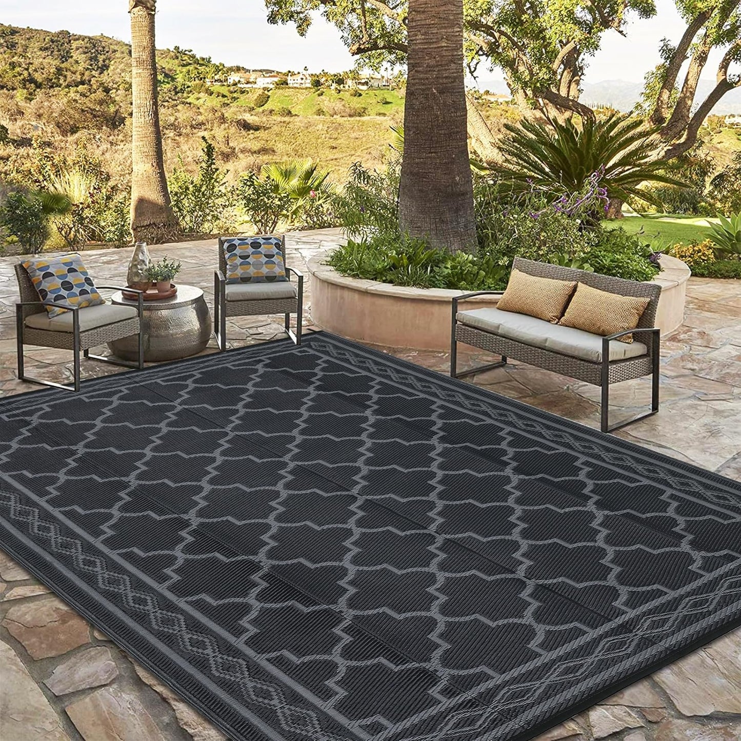 GarveeHome 9x12 Outdoor Rug for Patio Reversible Camping Carpet Waterproof Plastic Straw Rug,Foldable Area Rugs Mats for RV, Picnic, Backyard, Deck, Balcony, Porch, Beach, Black/Grey