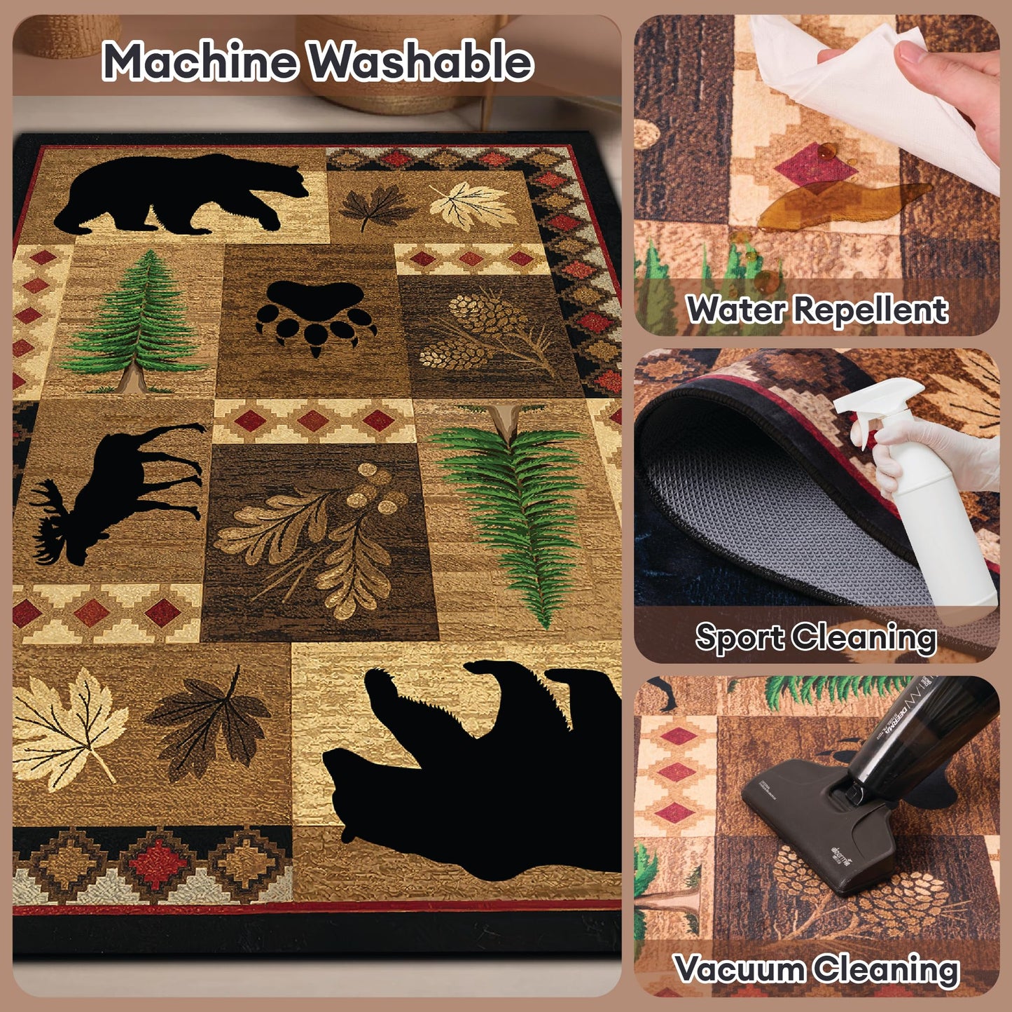 Bear Decor Rustic Throw Area Rugs Moose, 3x5, 4x6, 5x8, 6x9 Ft, Cabin & Living Room