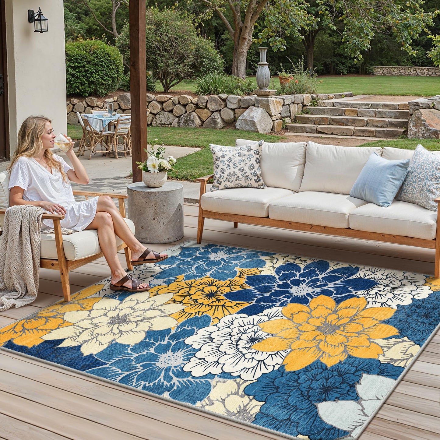 GENIMO Indoor Outdoor Area Rug 5'x7', Machine Washable Rugs for Patio, Waterproof, Non-Slip Easy Cleaning Floral Outdoor Mat Carpet for Living Room, RV, Balcony, Deck, Camping, Blue Yellow