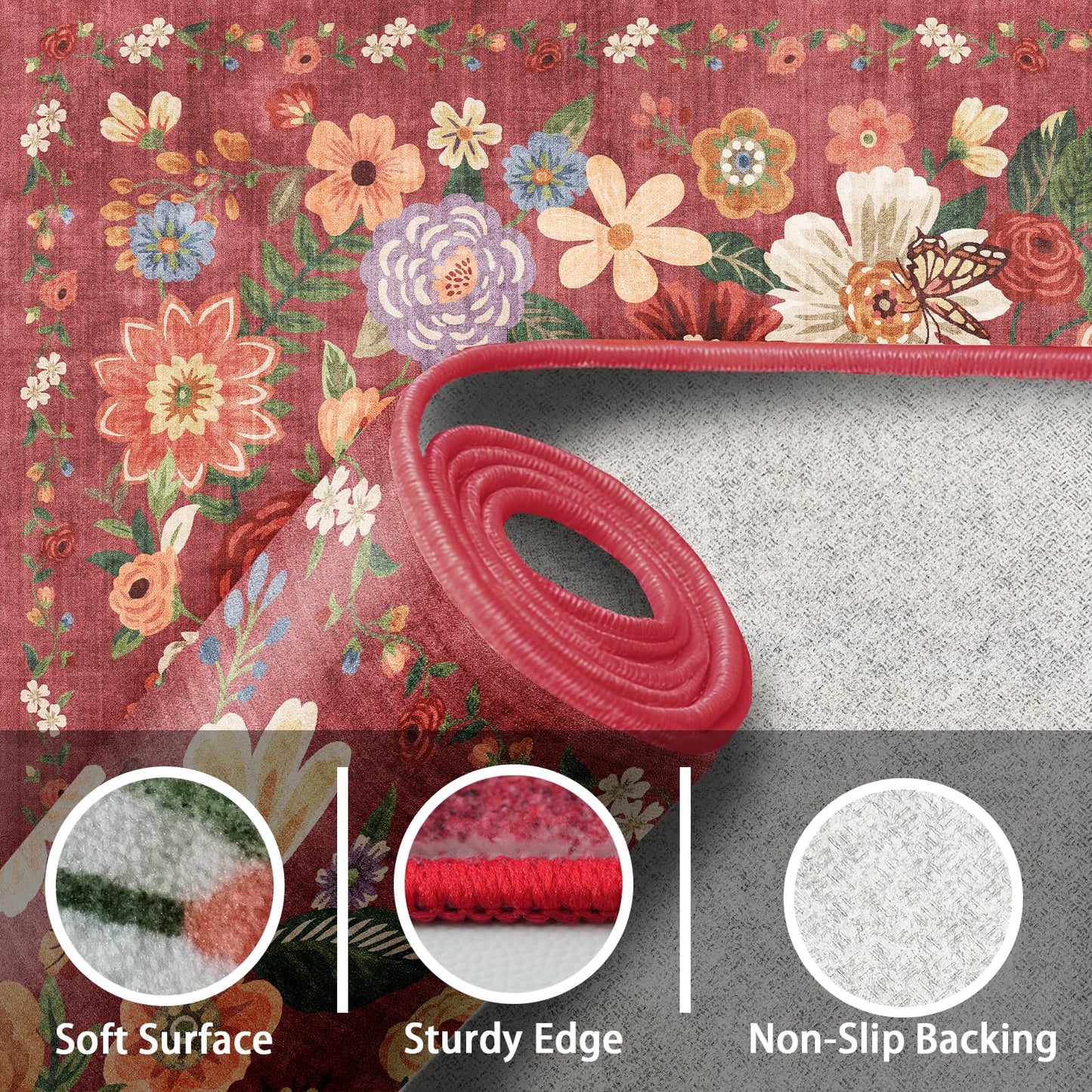Babovid Area Rugs 10x14 for Living Room, Non Slip Machine Washable Floral Rugs, Low Pile Lightweight Large Rug for Bedroom, Dining Room, Home Office, Red Garden