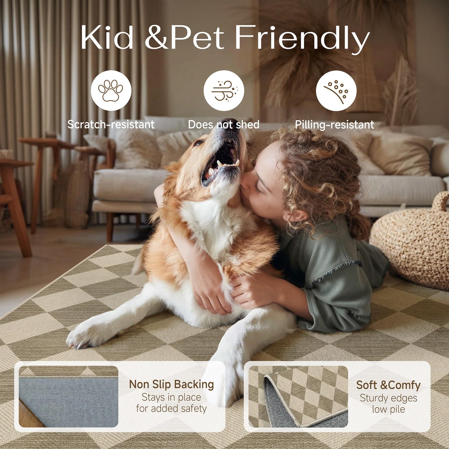 PureCozy Outdoor Patio Rug 5x7 Beige/White Checkered Area Rug Linen-Look Washable Indoor Outdoor Living Room Carpet Farmhouse Neutral Non Slip Stain Resistant Rugs for Balcony Porch Garden