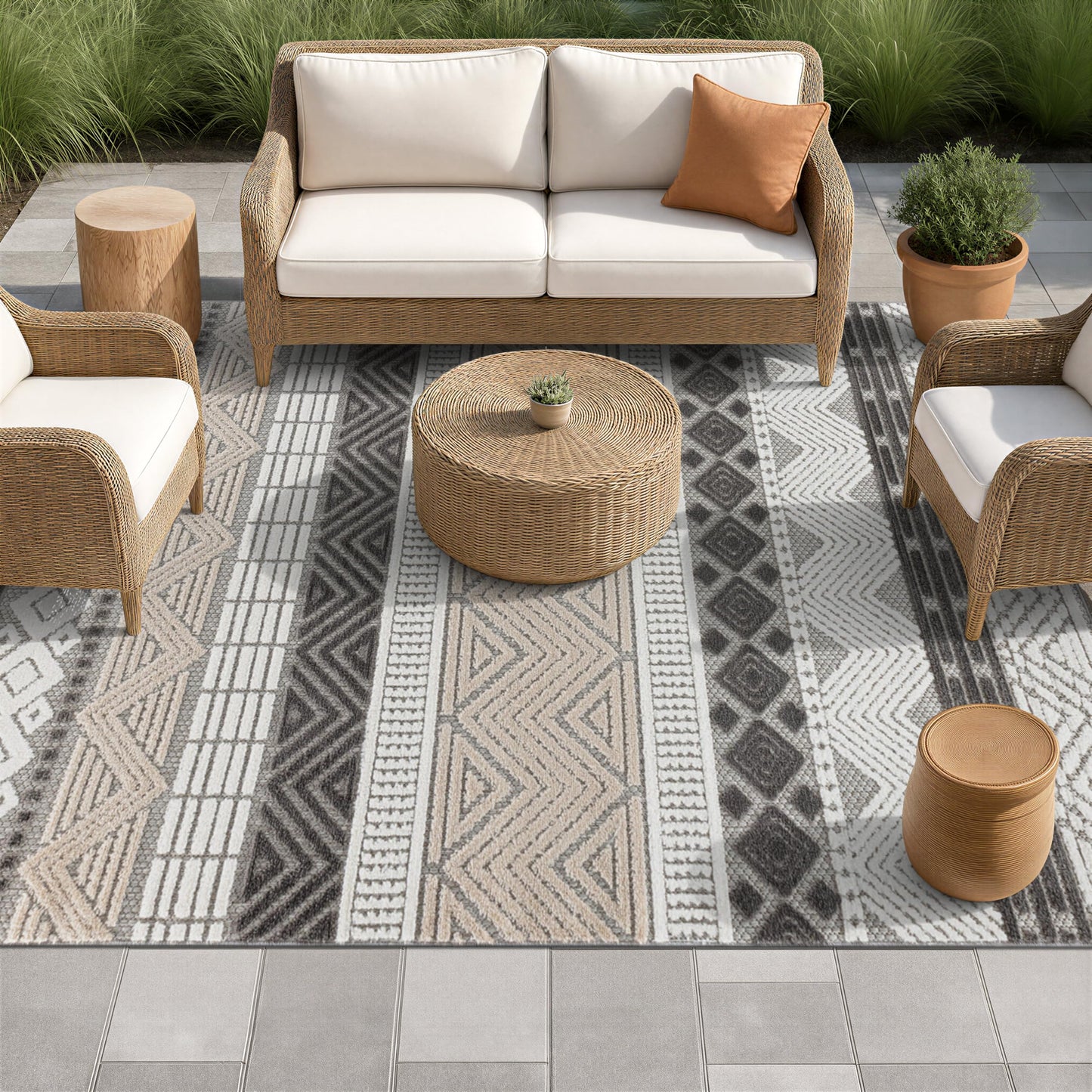 Rugshop Gray Marbella Boho Indoor/Outdoor Area Rug for Patio,Deck, Porch and Backyard 6'6" x 9'