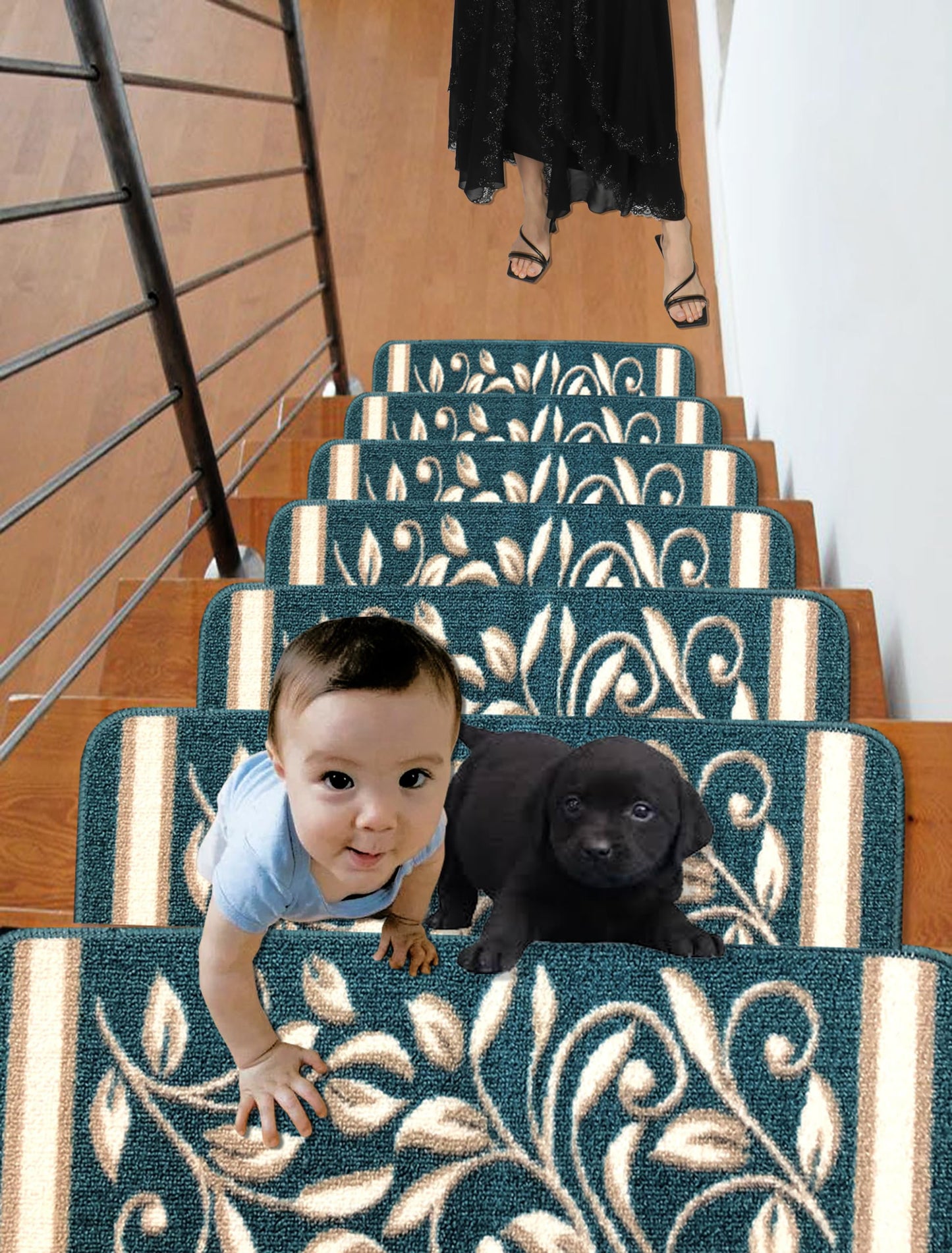 Gloria Non Slip Rubber Back Pet Friendly Floral Design Carpet Stair Treads Stairway mats (13, Greenish Teal)