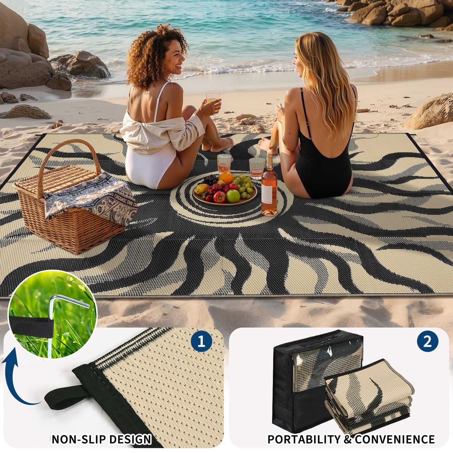 Garvee Outdoor Rug 6x9 Waterproof Patio Rugs with Boho Sun Pattern, Reversible Plastic Straw Camping Rugs Outdoor Indoor RV Mat Carpet for Deck, Backyard, Picnic, Porch, Balcony, Beach, Black