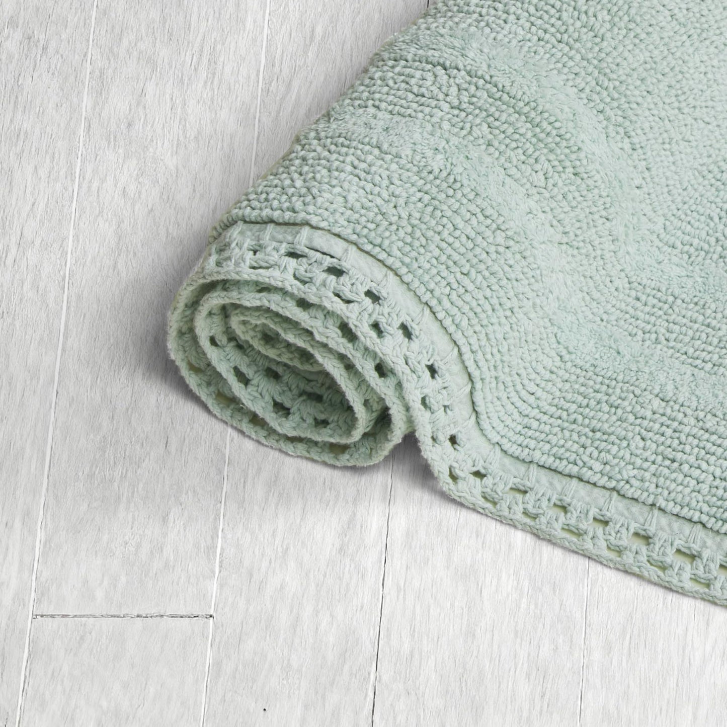 Laura Ashley Camilla 100% Cotton Oval Bath Mat with Crochet Border, Soft & Absorbent, Light Green 21" x 34" Bathroom Rug