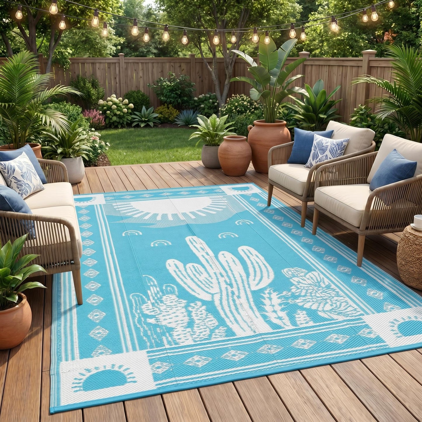 Garvee Waterproof Outdoor Rug 5x8, Cactus Botanical Outdoor Plastic Straw Rug for Camping, Reversible RV Mat Outside, Indoor Outdoor Carpet for Porch, Deck, Backyard, Balcony, Teal Blue