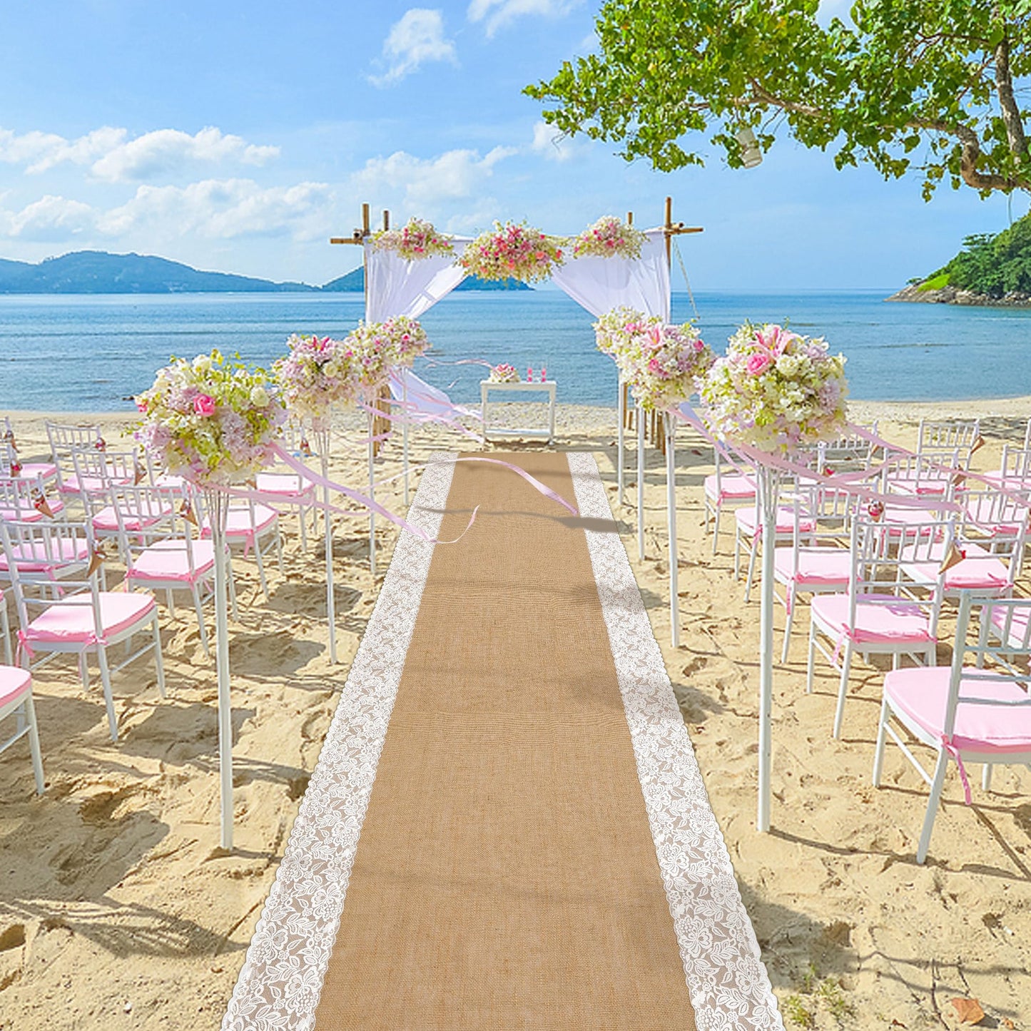 moonoom 20 Ft x 36 in Natural Burlap Wedding Aisle Runner, Rustic Jute Weddings Runway Carpet with Lace, Ceremony Burlap Carpet Roll for Beach Garden Church Reception Craft Decor