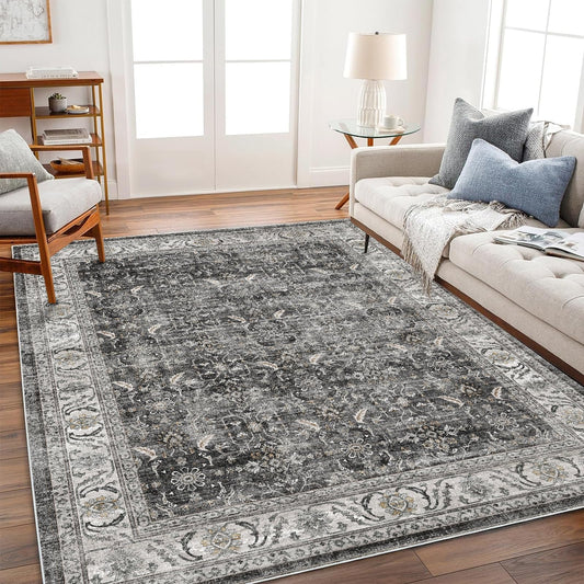 CHAMPLANT Washable Area Rug 3'x5' Vintage Traditional Floor Cover Foldable Thin Rugs Retro Kitchen Indoor Distressed Non Slip Carpet Floral Print Mat Bedroom Living Room