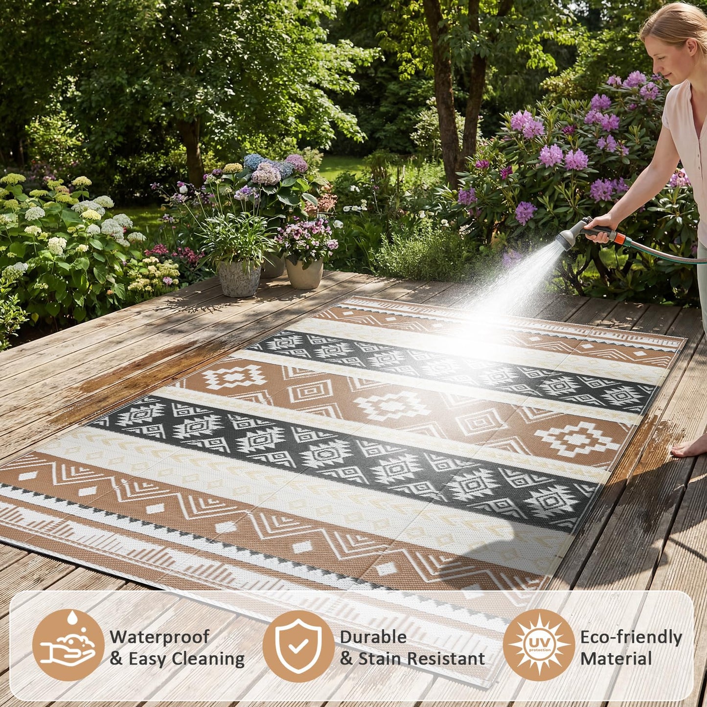 Outdoor Rug 5x8 ft Waterproof Reversible Plastic Straw Patio Camping Rug, Portable Indoor Outdoor RV Mat Carpet for Deck, Camper, Porch, Balcony, Backyard, Picnic, Brown