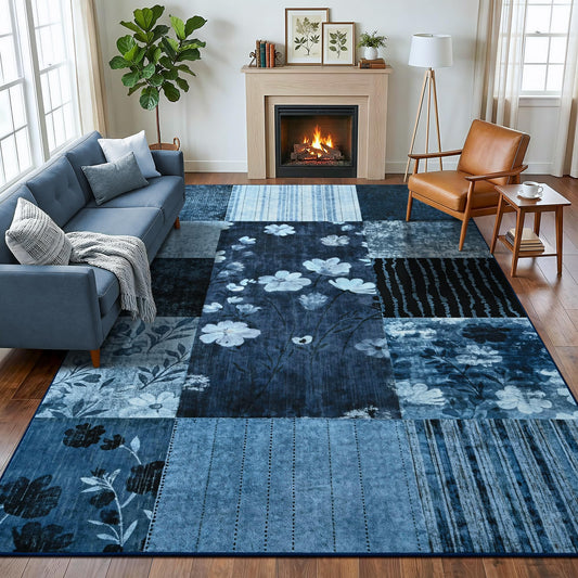 FALARK Modern Area Rugs for Living Room, 4x6 Feet Geometric Patchwork Rug, Washable Non-Slip Indoor Low Pile Carpets for Bedroom Dining Room Office Playroom Home Dorm Decor, Blue