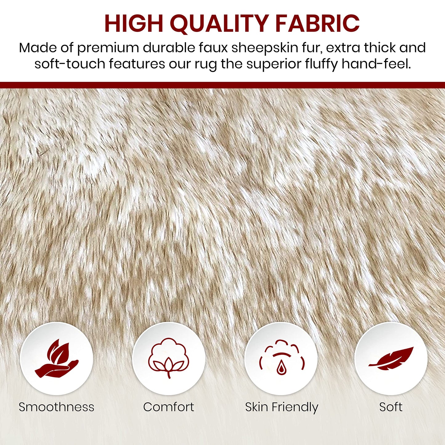LAMBZY Sheepskin Style Square Rug, Ultra Soft, White/Brown Tips, 2'6"x6’
