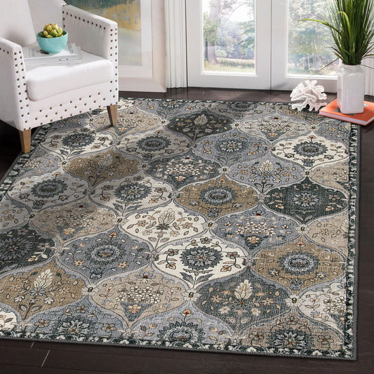 Lahome Moroccan Machine Washable Area Rugs, 4x6 Rug for Living Room Bedroom, Soft Non-Slip Rug Vintage Trellis Ultra-Thin Throw Carpet for Dining Room Office Elise, Grey
