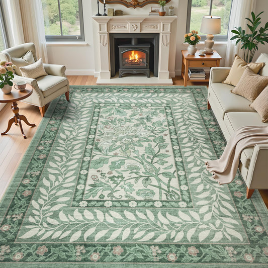 Dotiiorug 8x10 Vintage Washable Sage Area Rug for Living Room,Low Pile Non Slip Carpet Non-Shedding Large Area Rug Soft Indoor Stain Resistant Rug Floral Print Mat for Bedroom Dining Room