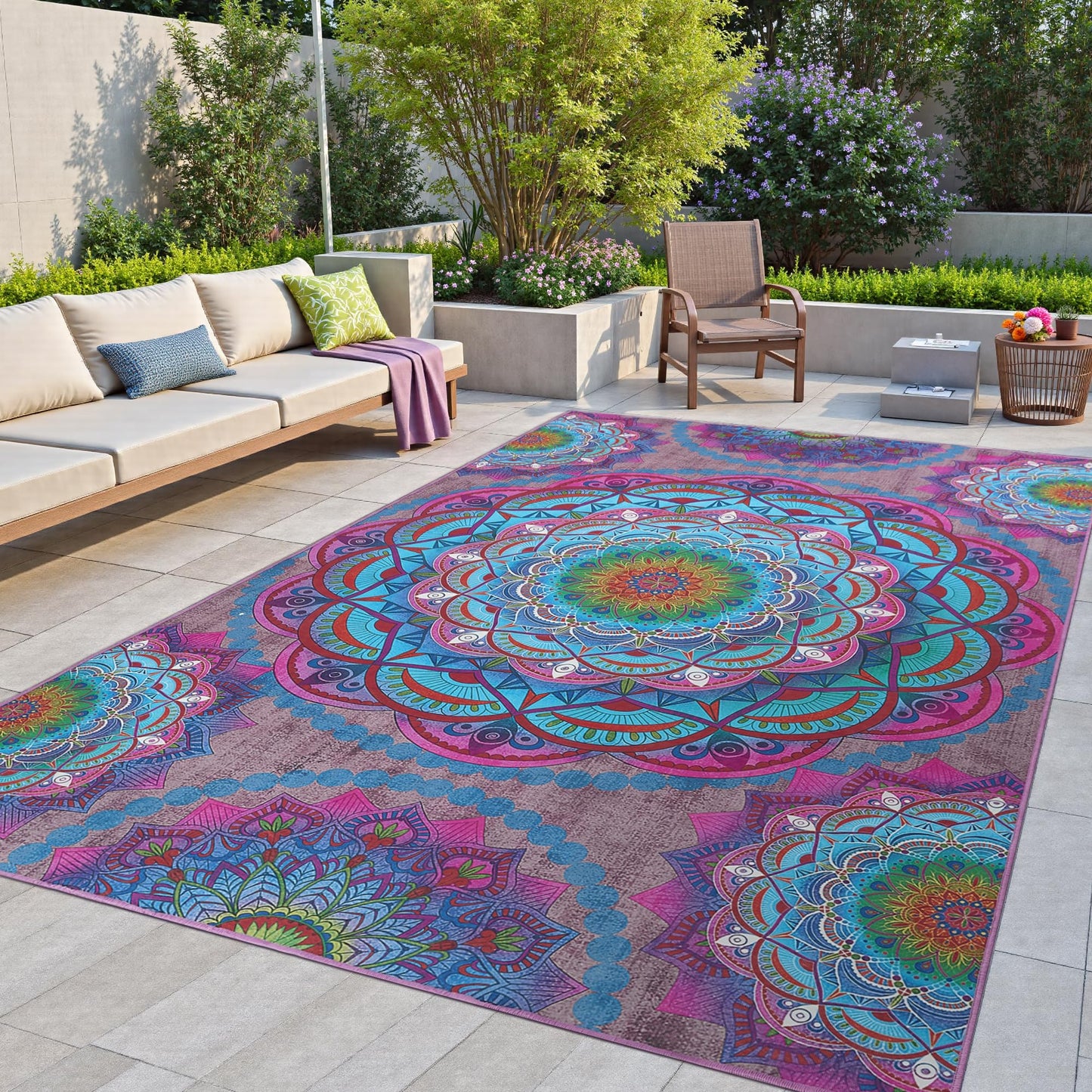 Arenarug Meditation Indoor Outdoor Rug 4x6 ft Mandala Pattern Rug Boho Style,Yoga Meditation Mat Picnic Rug for Patio Living Room Porch Garden Deck Backyard Easy to Clean Non Shedding Non-Slip