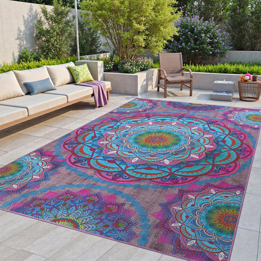 Arenarug Meditation Indoor Outdoor Rug 4x6 ft Mandala Pattern Rug Boho Style,Yoga Meditation Mat Picnic Rug for Patio Living Room Porch Garden Deck Backyard Easy to Clean Non Shedding Non-Slip