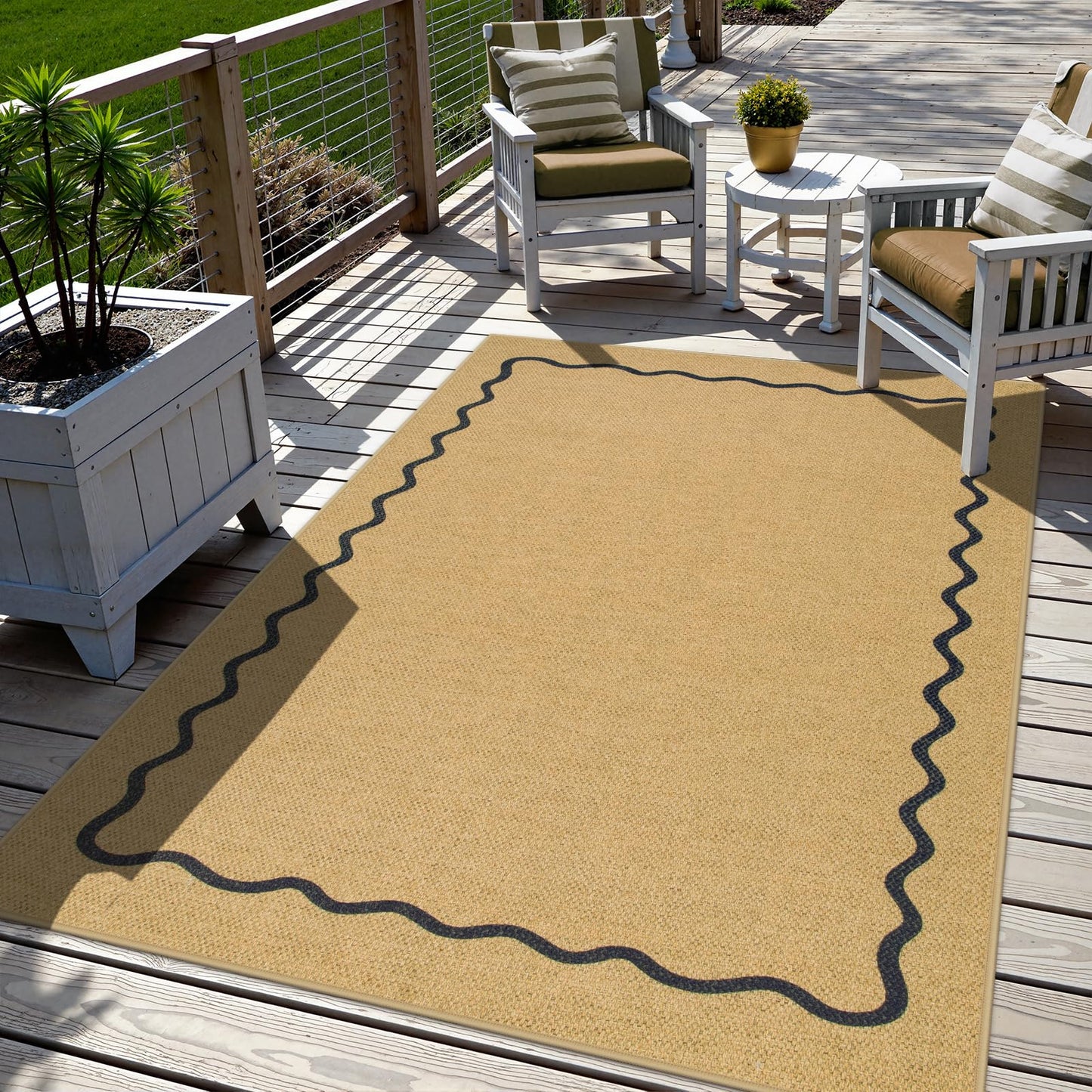 Sungea Outdoor Patio Rug 5x7 Washable Easy Jute Rug, Non-Skid Scalloped Geometric Floor Mats for Living Room, Neutral Modern Foldable Low-Pile Minimalism Carpet for Bedroom Backyard Home Decor