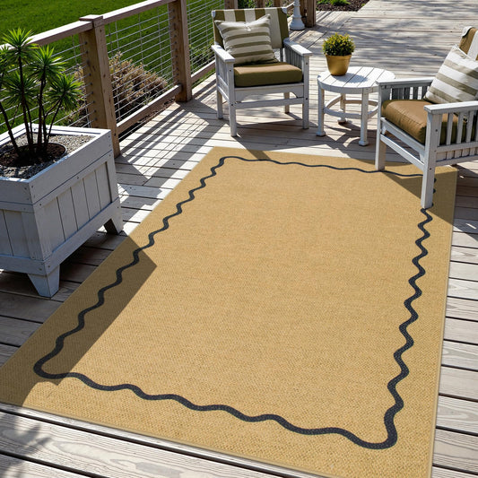 Sungea Outdoor Patio Rug 5x7 Washable Easy Jute Rug, Non-Skid Scalloped Geometric Floor Mats for Living Room, Neutral Modern Foldable Low-Pile Minimalism Carpet for Bedroom Backyard Home Decor