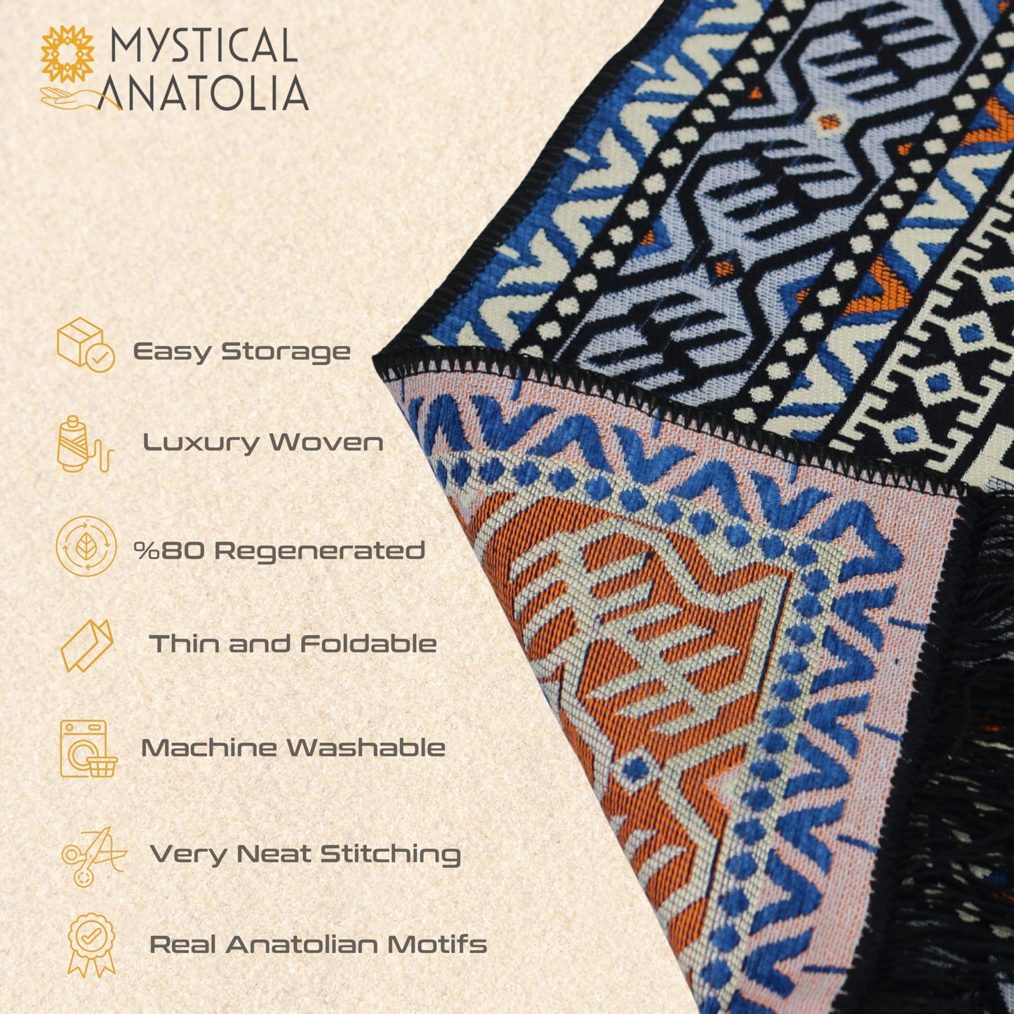 mysticalanatolia Kilim Area Rug 4'x6' Flatweave, Machine Washable, Lightweight, Foldable, Boho Tribal, Ideal for Living Room, Dining Room, Bedroom - Blue/Grey