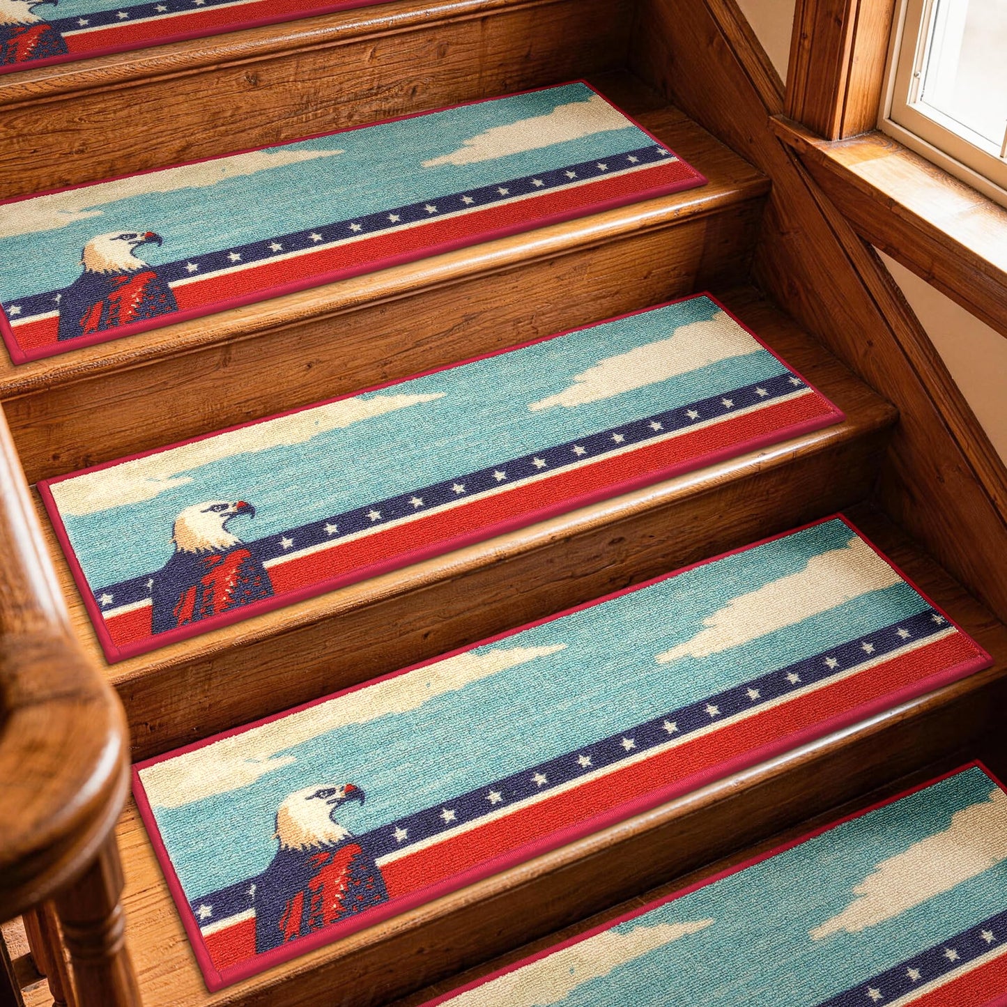 250th Anniversary Stair Treads for Wooden Steps Non Slip 8x30, Stair Carpet Treads with Patented TPE Grip, Machine Washable Stair Pads for Wood Stairs Indoor, Blad Eagle Pattern, 4 Pack