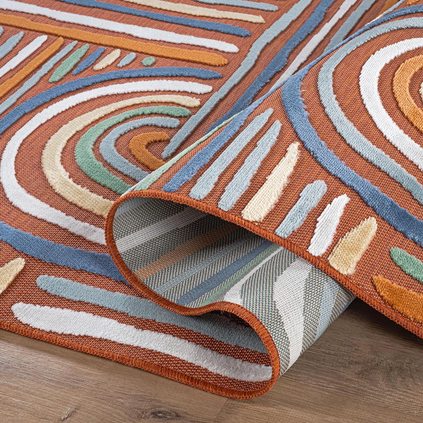 CAMILSON Indoor Outdoor Rug, Orange 5x7 Geometric Arch Striped Area Rugs for Patio and Home Areas, Easy-Cleaning Non-Shedding Living Room, Garden and Deck Washable Outside Carpet (5 x 7)