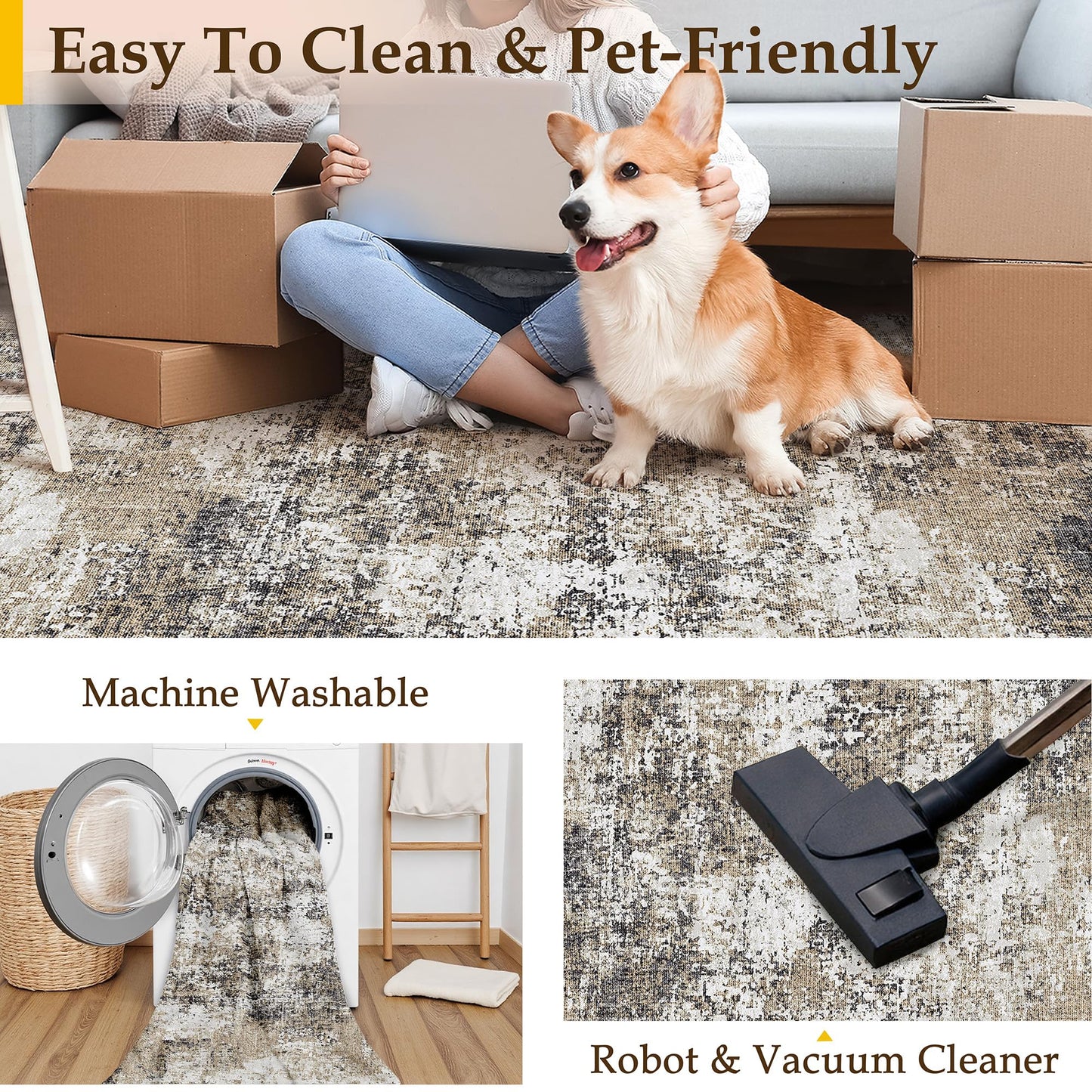 PureCozy 2x3 Abstract Area Rug Brown Washable Modern Entryway Carpet Non Slip Soft Neutral Low Pile Door Mat Contemporary Small Throw Rug for Bathroom Laundry Kitchen Dining Room