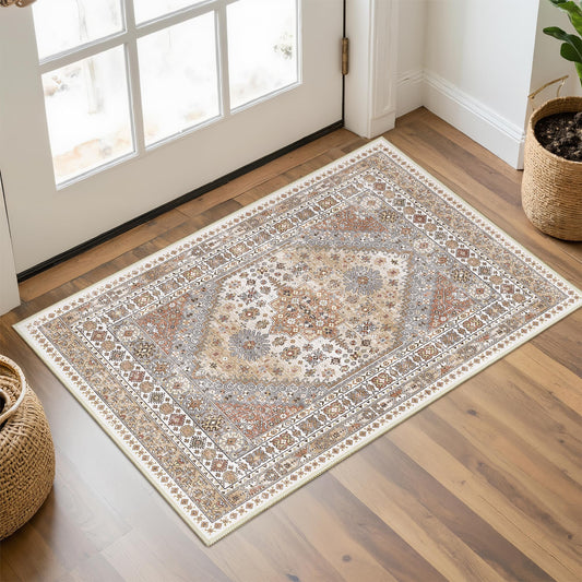 Restydon Entryway Rug - 2x3 Washable Rug Runner for Bathroom, Laundry Room, Kitchen, Soft Vintage Hallway Runner for Bedroom, Non-Slip Door Mat Indoor Entrance(Orange,2'x3')