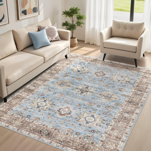 UESRUGS 5x7 Area Rug for Living Room, Washable Vintage Pattern, Non-Slip Stain Resistant Soft Durable Floor Rug for Bedroom & Dining Room - (Blue Brown)
