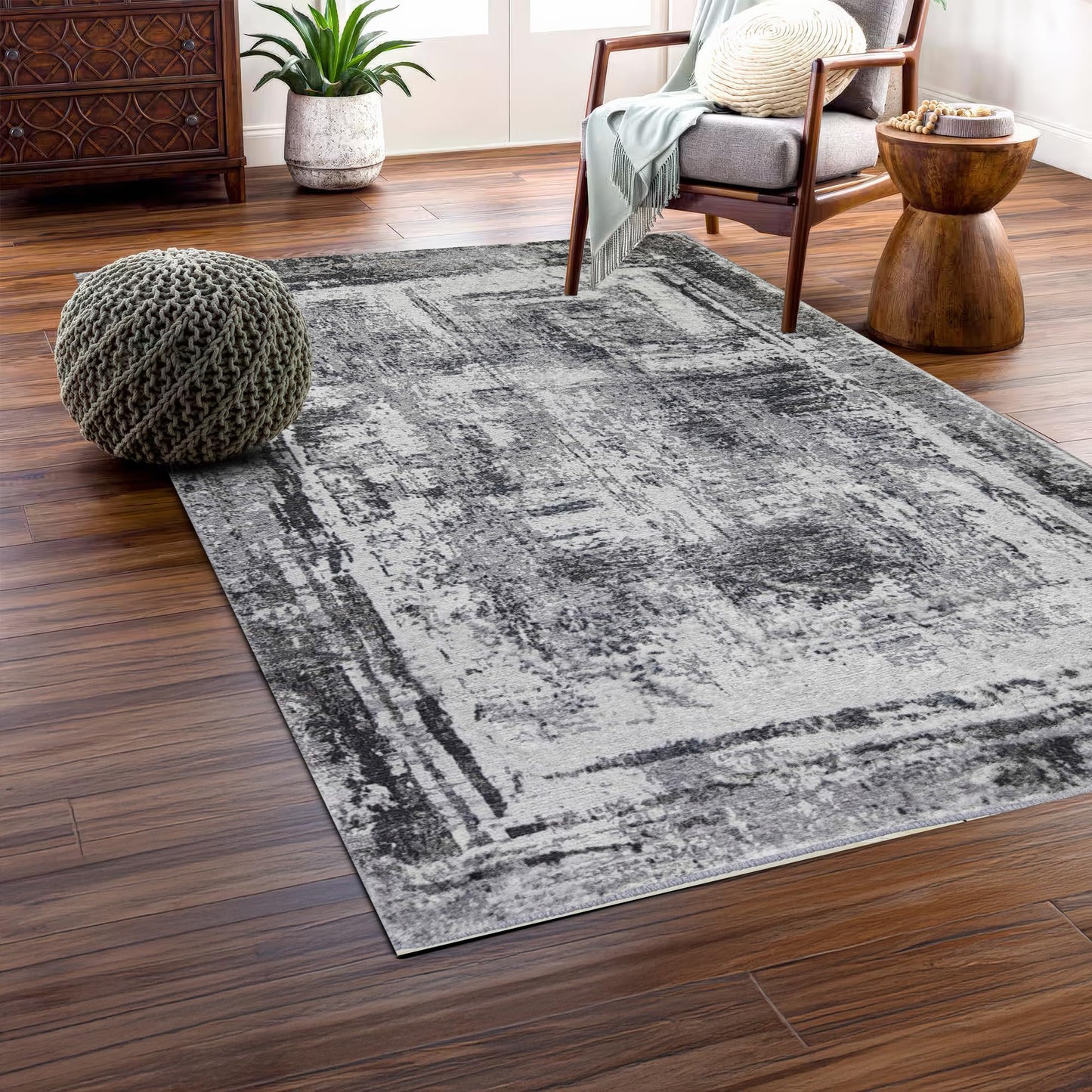 Hudson Comfort 5x7 Area Rug – Machine Washable & Pet-Friendly Rug for Living Room, Bedroom, Nursery, & Offices – Super Soft Faux Rabbit Rug - 8mm Pile Height - Anti-Slip TPR Backing (Gray)