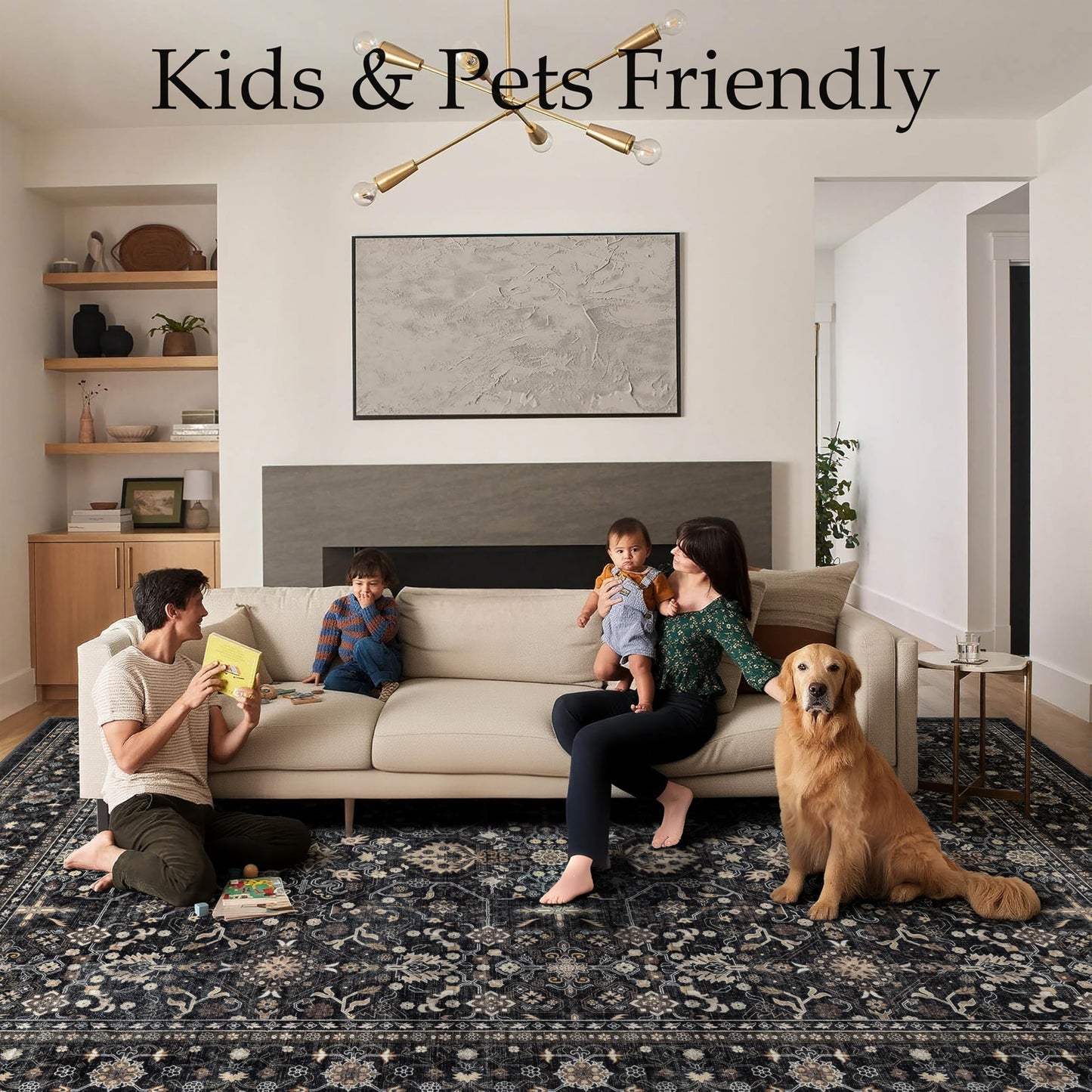 Ruaruarug Washable Area Rug 10x14 for Living Room, Bedroom, Ultra Soft Non Slip Stain & Fade Resistant, Pet & Kids Friendly, Suitable for High Traffic Areas Easy to Clean for Kitchen, Black Grey