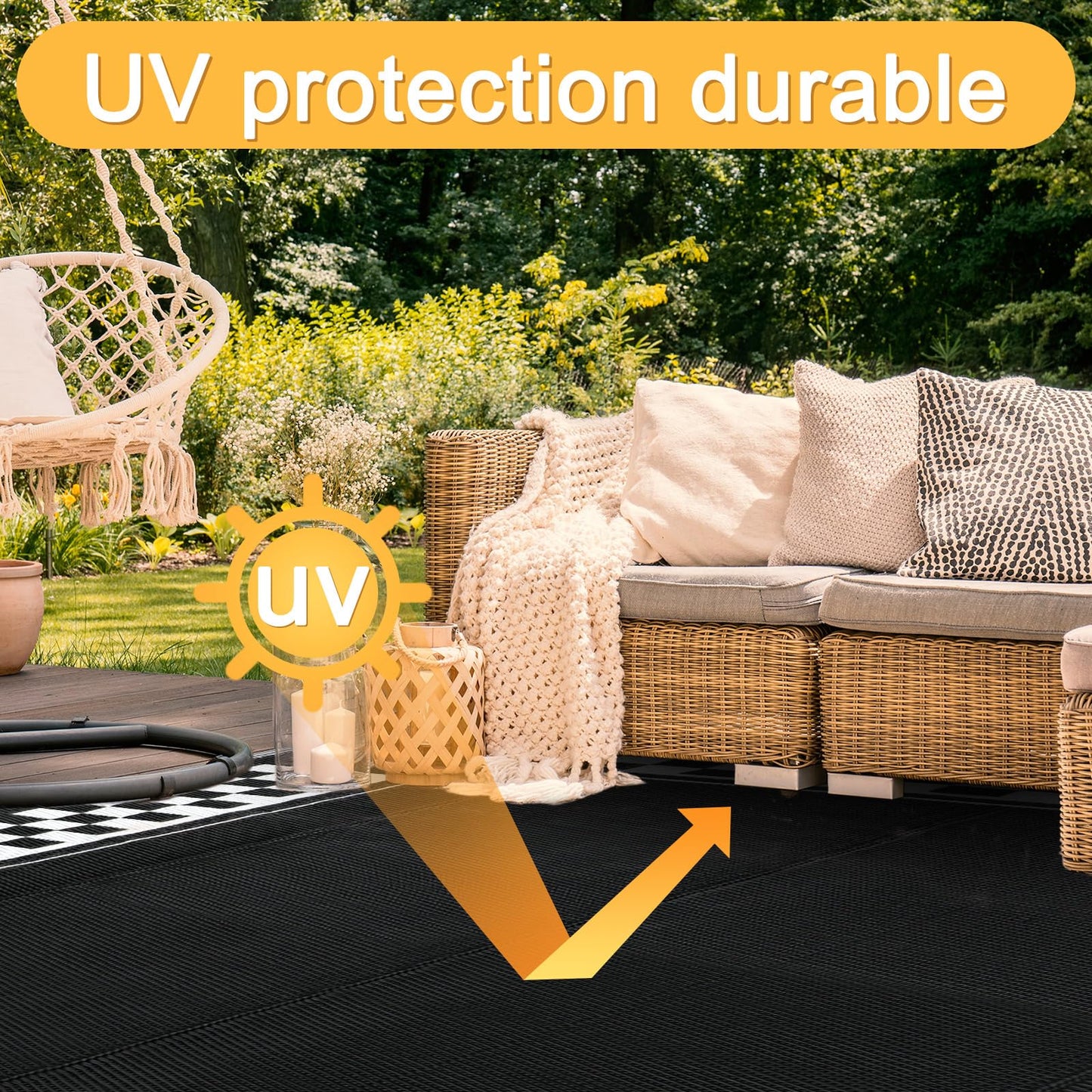 Dunzy Checkered Outdoor Patio Rug, 5 x 8 ft Non-Slip Plastic Straw Checkered Carpet Indoor Outdoor Area Mat for Outside Rv Camping Deck Pool Beach Porch Backyard(Black, Cream White)