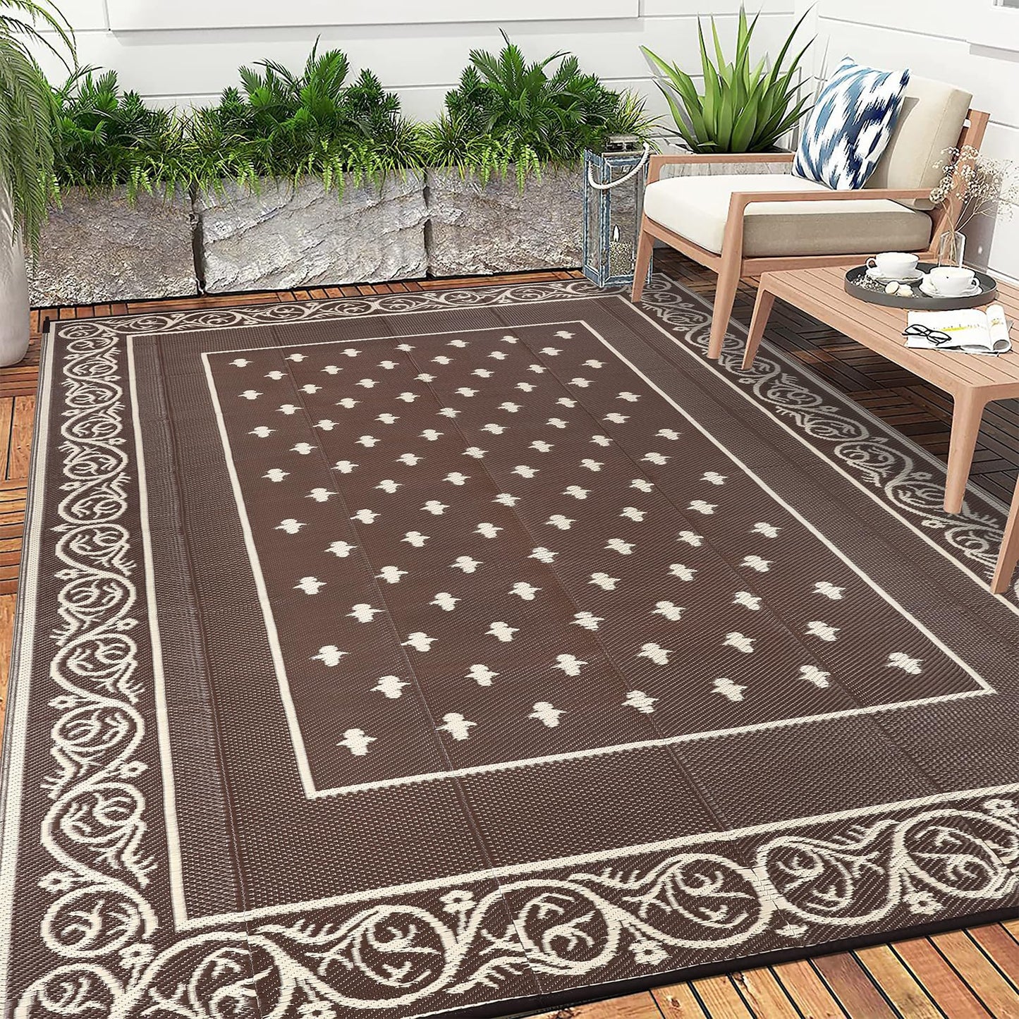 Pauwer Waterproof Outdoor Rug 8x10, Reversible Plastic Straw Patio Camping Rug, Indoor Outdoor RV Mat Carpet for Deck, Camper, Porch, Balcony, Backyard, Picnic, Bordered Brown