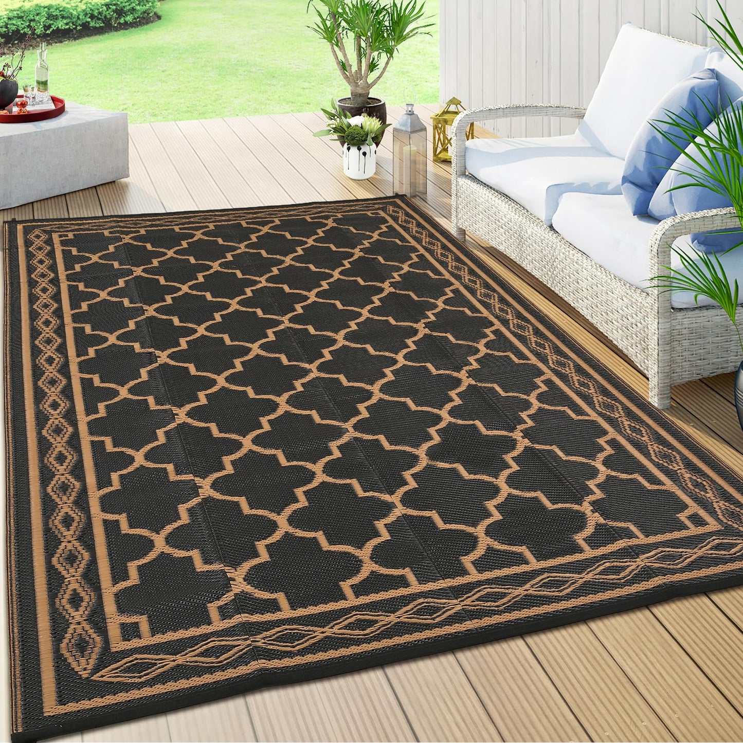 GarveeHome Outdoor Rug 9x12 Waterproof Rug for Patio Clearance Large Plastic Straw Mat Camping Carpet Reversible Plastic Outdoor Rug for RV, Patio, Backyard, Deck, Picnic, Beach, Trailer, Brown/Black