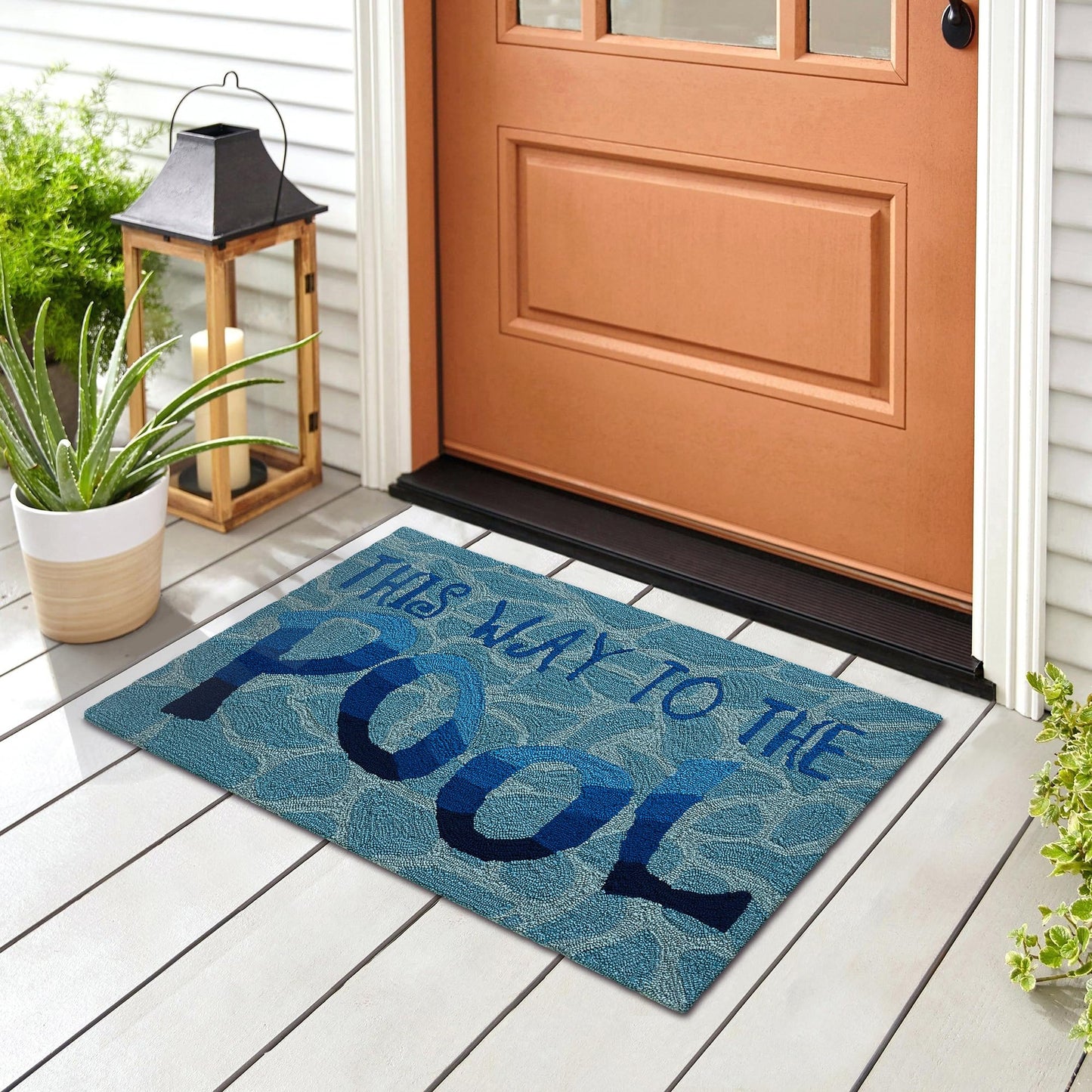Liora Manne Frontporch Hand-Tufted Indoor/Outdoor Easy Care Area Rug Rug-Transitional, Decorative, Patio, Contemporary, This Way to The Pool Water 1'8" x 2'6"