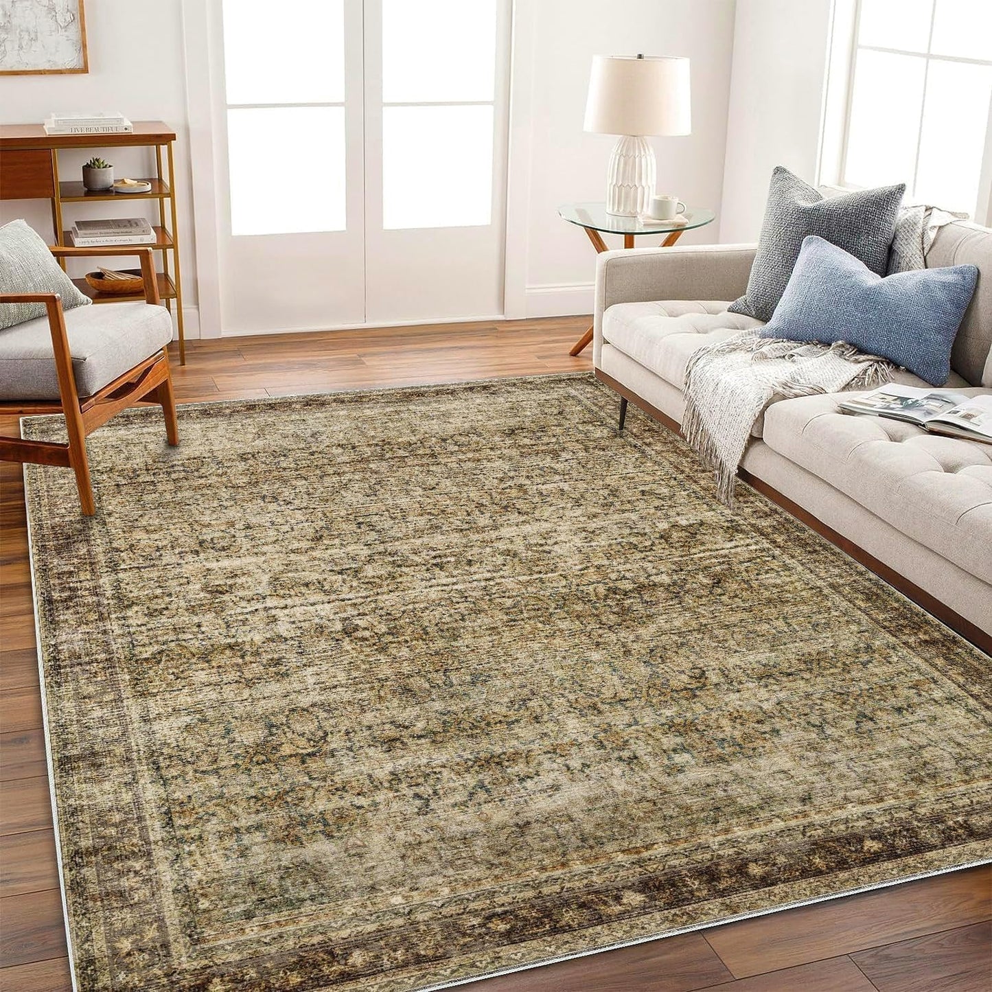 CHAMPLANT Area Rug 8x10 Washable Rug Brown Vintage Traditional Mat Distressed Indoor Foldable Thin Retro Accent Floral Non Slip Carpet Living Room Dining Room Office