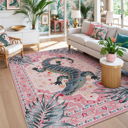 Tribesigns Cute Animal Print 5x7 Area Rug, Pink Vintage Boho Crocodile Pattern, Soft Low Pile Non-Slip Washable Non-Shedding Rug for Bedroom, Living Room, Dorm, Kids Playroom & Nursery Indoor Decor