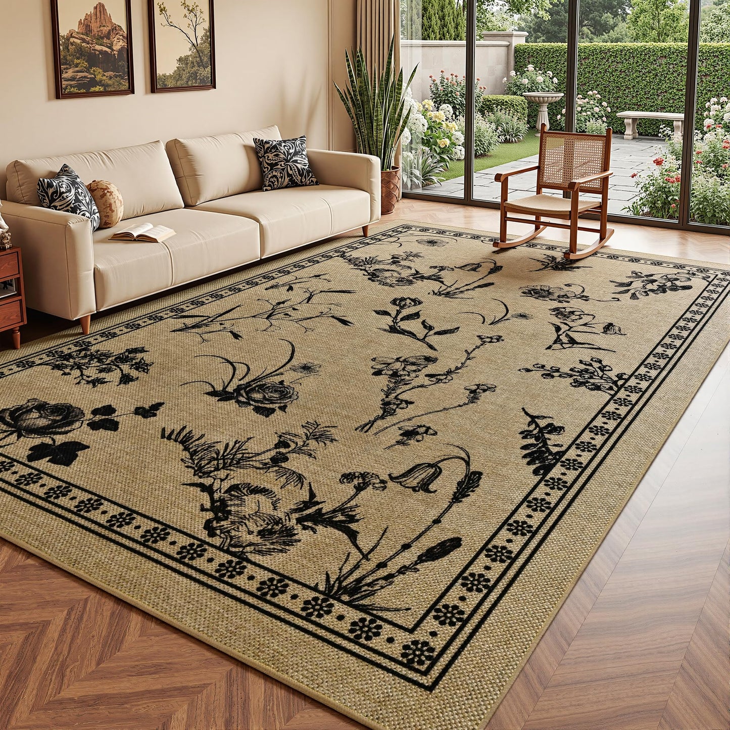 FALARK Easy Jute Area Rugs for Living Room, 5x7 Beige Botanical Sketch Thin Washable Rug, Non Slip Backing Indoor Outdoor Carpet for Bedroom Kitchen Office Backyard Patio Kids Room