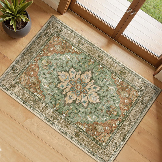 RELEANY Area Rugs Small 2'x3' Washable Non-Slip, Floral Vintage Distress Medallion Carpet for Kitchen Entryway Bathroom, Terracotta Burnt Orange Green