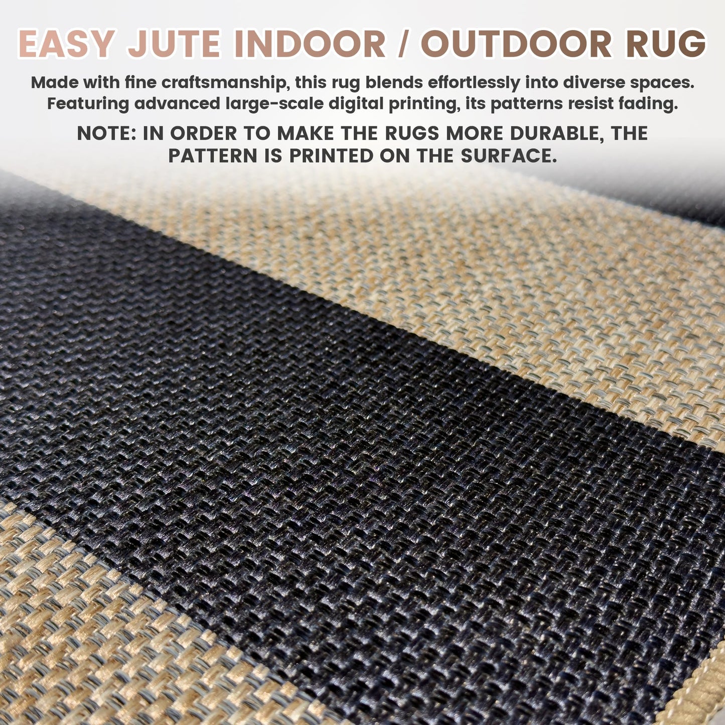 Washable Striped Easy Jute Runner Rug, 2x6 Black Boho Geometric Outdoor Indoor Patio Rug, Low Pile Lightweight Non Slip Neutral Long Runner Carpet Mat for Hallway Kitchen 6ft Entryway Porch Farmhouse
