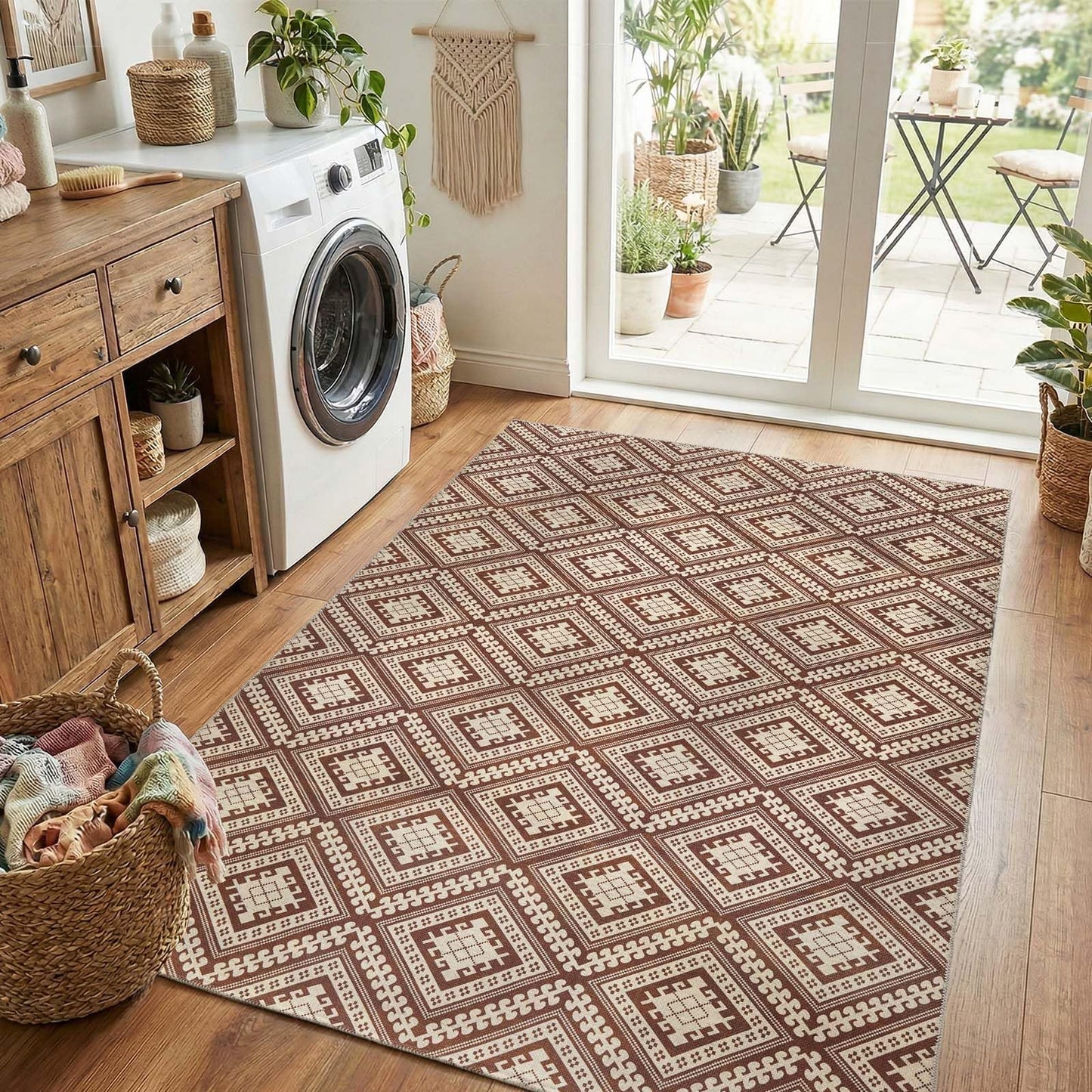 jinchan 5x7 Washable Faux Jute Area Rug, Geometric Diamond Natural Fiber Look Carpet, Vintage Tile-Inspired Low-Pile Non-Slip Large Outdoor Rug for Living Room Dining Room Bedroom, Terracotta Brown