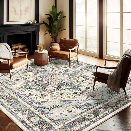 CHAMPLANT Washable Area Rug 10'x14' Cyan Khaki Retro Flowers Boho Design Non-Shedding Easy Care Ideal for High Traffic Areas in Living Room Bedroom Office Coffee Table Kitchen Large Carpet